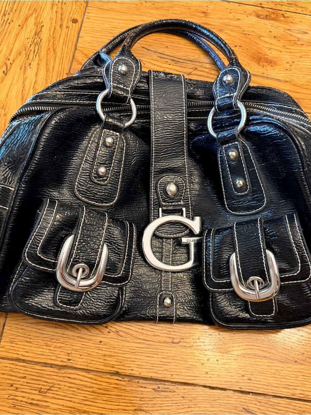 GUESS Black Patent Satchel with Silver G Accent